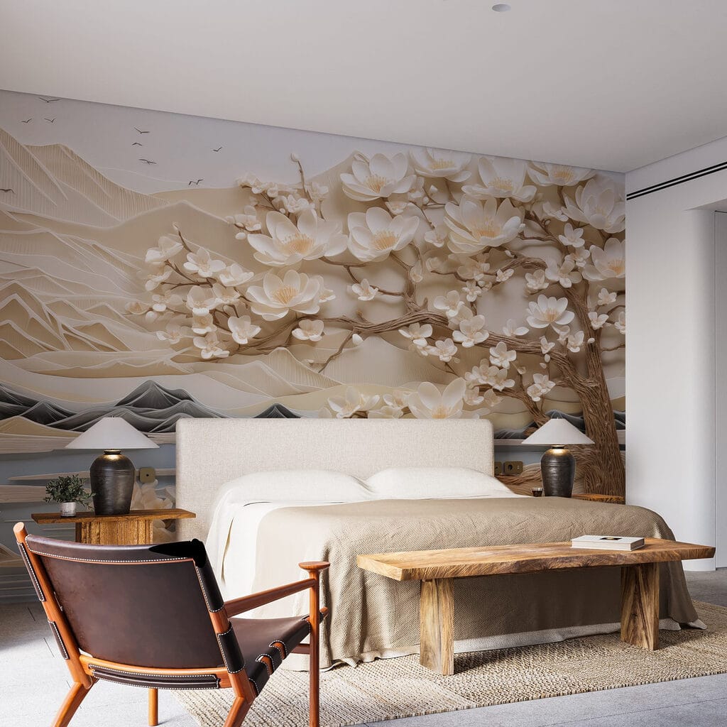 Tree with white flowers and mountains Tree with white flowers and mountains