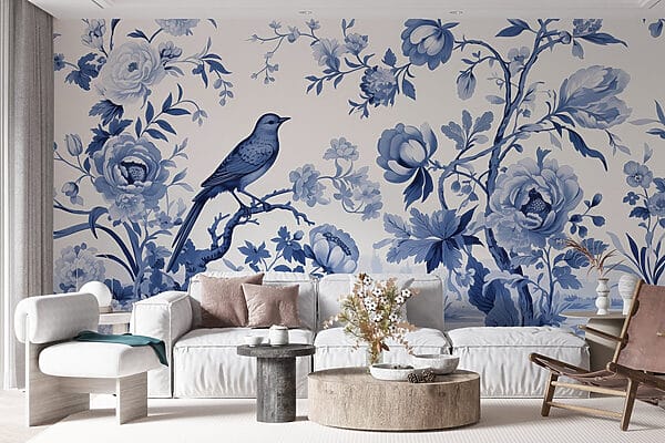 Vogel auf einem Baumzweig mit Blumen Vogel auf einem Baumzweig mit Blumen