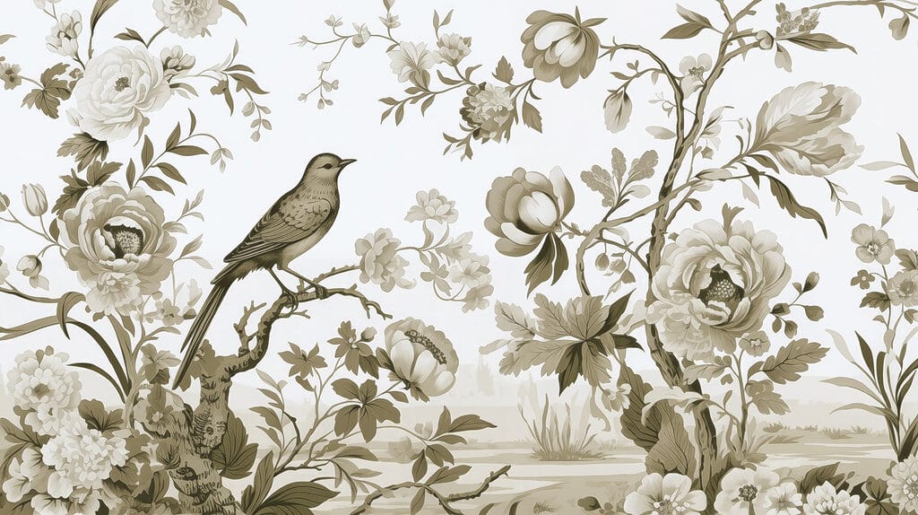 Vogel auf einem Baumzweig mit Blumen Vogel auf einem Baumzweig mit Blumen