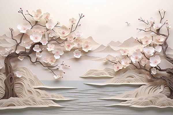 Papierausschnitt eines Baumes mit Blumen und Wasser Papierausschnitt eines Baumes mit Blumen und Wasser
