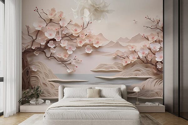 Papierausschnitt eines Baumes mit Blumen und Wasser Papierausschnitt eines Baumes mit Blumen und Wasser