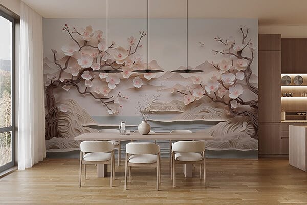 Papierausschnitt eines Baumes mit Blumen und Wasser Papierausschnitt eines Baumes mit Blumen und Wasser