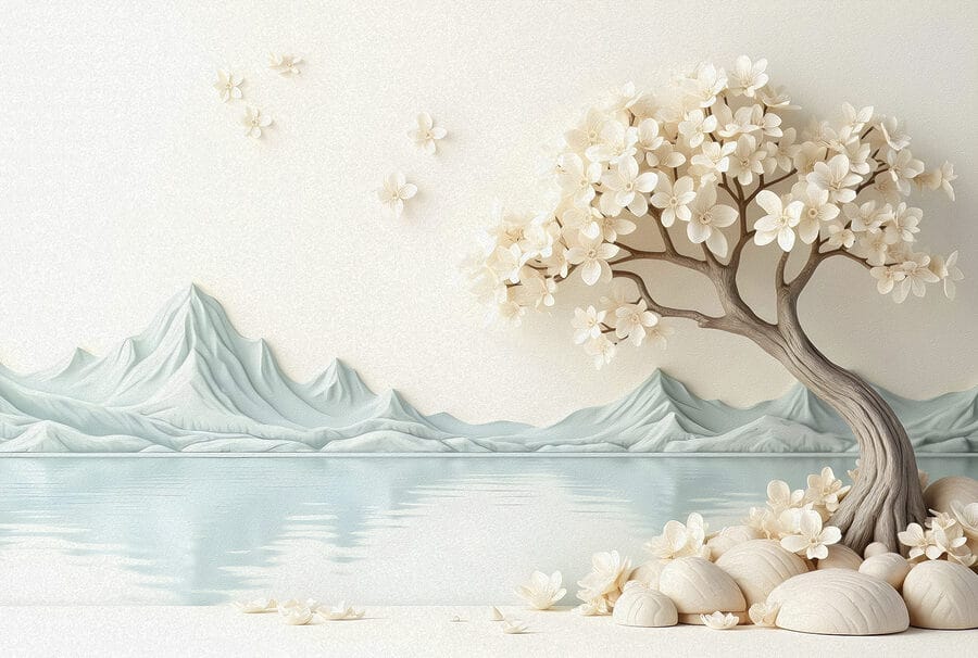 Baum mit Blumen und Steinen neben dem Wasser