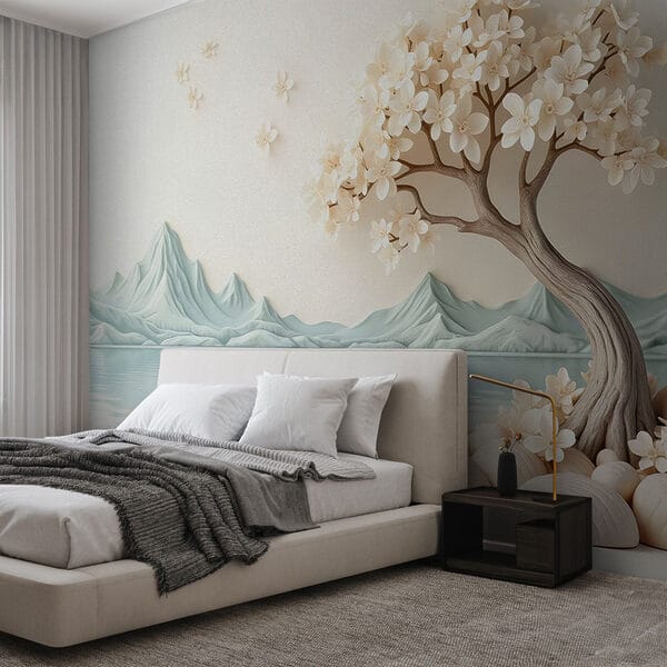 Baum mit Blumen und Steinen neben dem Wasser Baum mit Blumen und Steinen neben dem Wasser