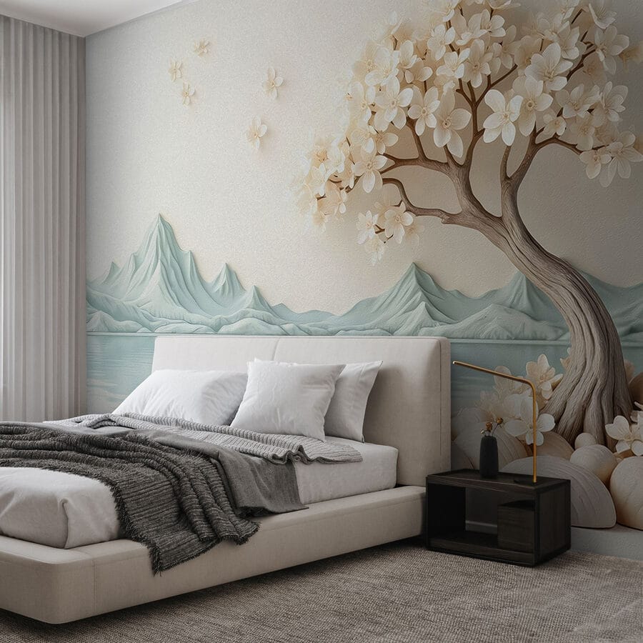 Baum mit Blumen und Steinen neben dem Wasser