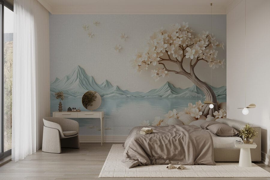 Baum mit Blumen und Steinen neben dem Wasser