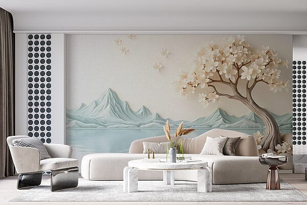 Baum mit Blumen und Steinen neben dem Wasser Baum mit Blumen und Steinen neben dem Wasser