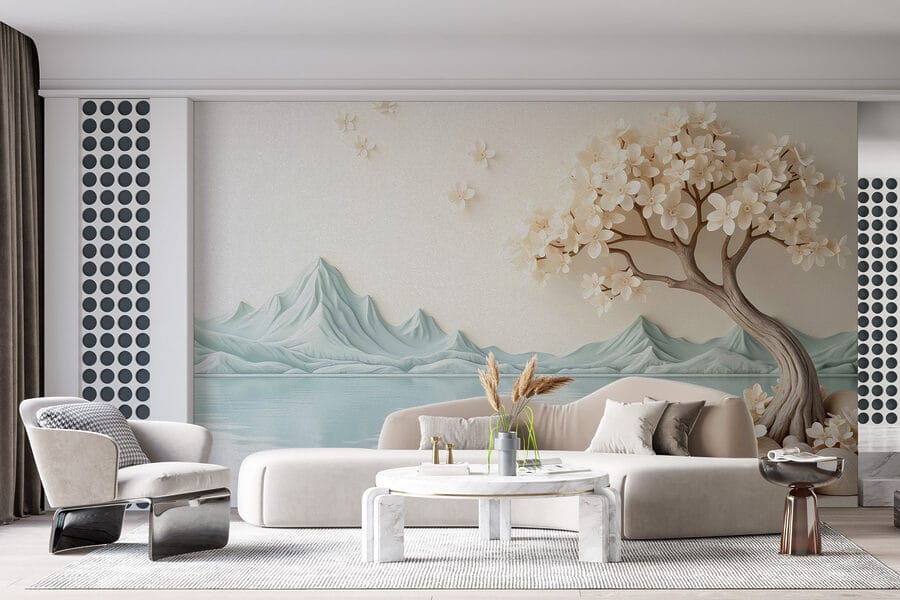 Baum mit Blumen und Steinen neben dem Wasser