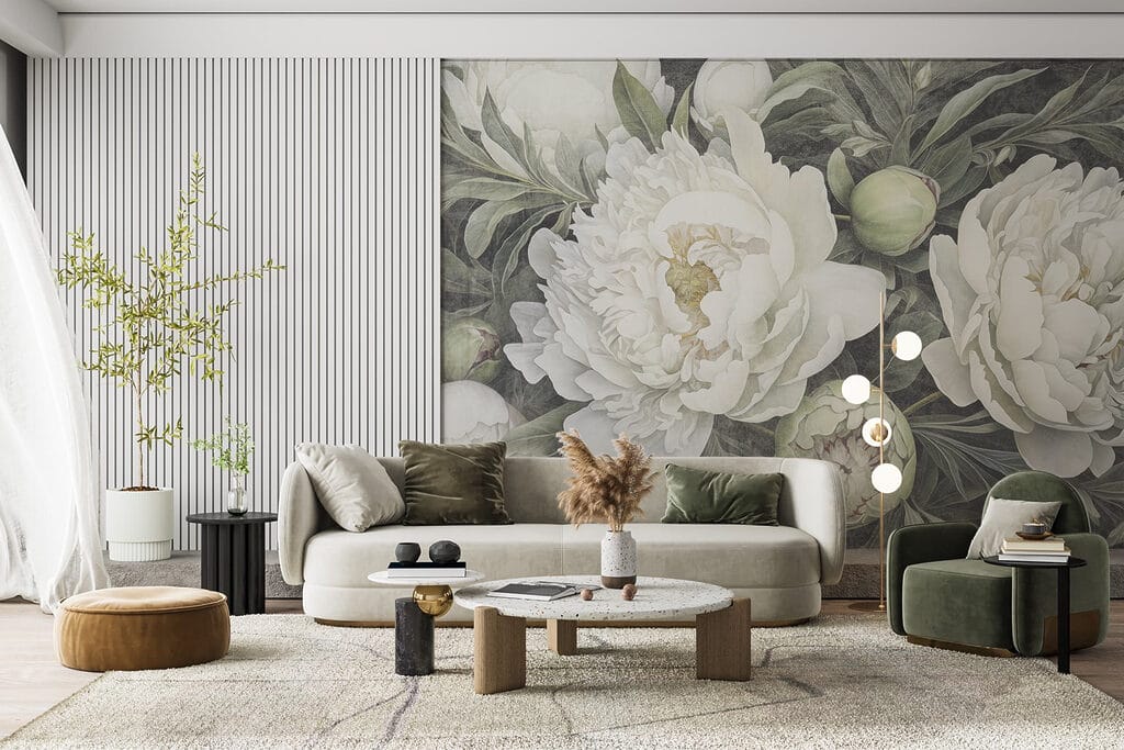 Delicate white peonies in bloom