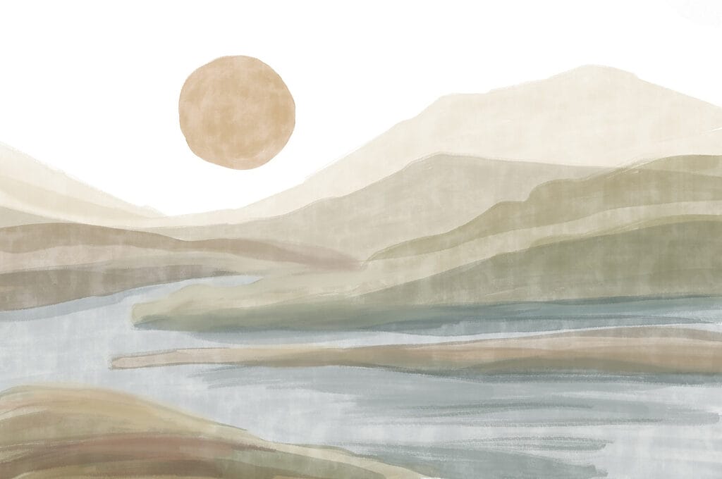 Aquarellmalerei eines Flusses und von Bergen Aquarellmalerei eines Flusses und von Bergen