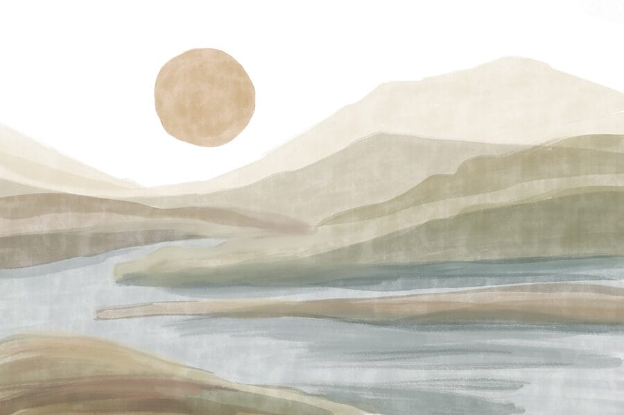 Aquarellmalerei eines Flusses und von Bergen