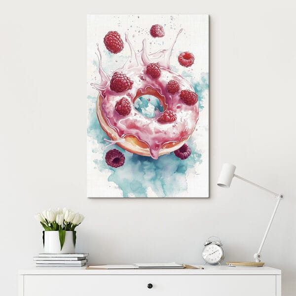 Wandbilder Gemälde eines Donuts mit Himbeeren und Milchspritzern Wandbilder Gemälde eines Donuts mit Himbeeren und Milchspritzern
