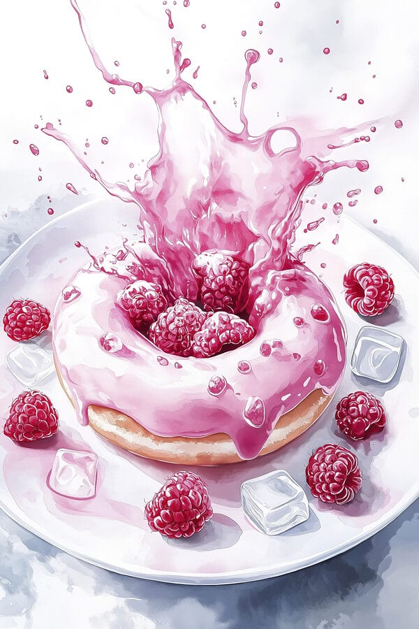 Donut mit rosa Zuckerguss und Himbeeren, die auf einen weißen Teller spritzen Donut mit rosa Zuckerguss und Himbeeren, die auf einen weißen Teller spritzen