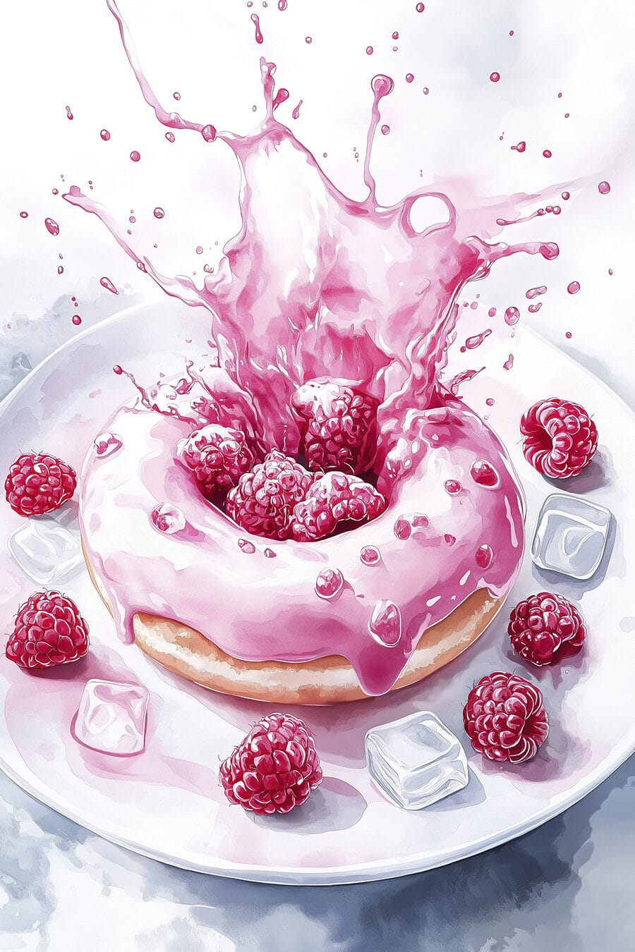 Donut mit rosa Zuckerguss und Himbeeren, die auf einen weißen Teller spritzen