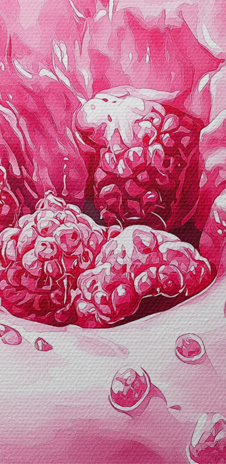 Donut mit rosa Zuckerguss und Himbeeren, die auf einen weißen Teller spritzen