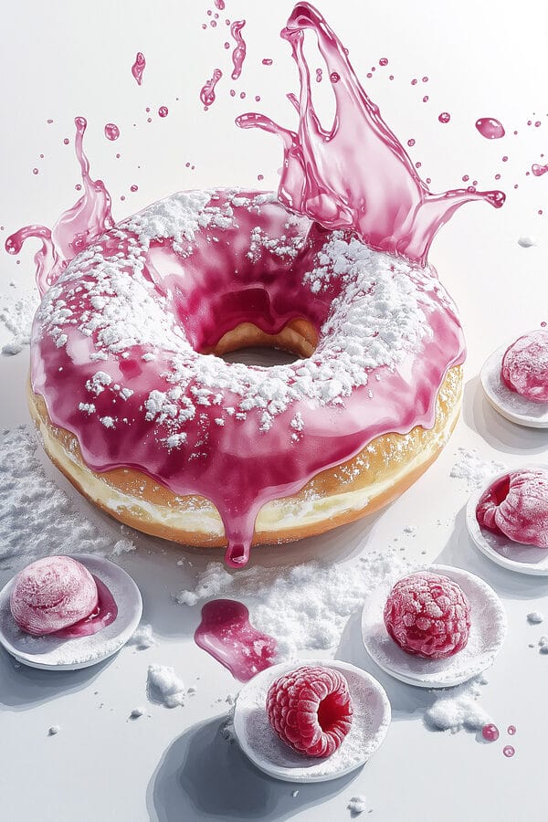 Donut mit rosa Zuckerguss und Puderzucker Donut mit rosa Zuckerguss und Puderzucker