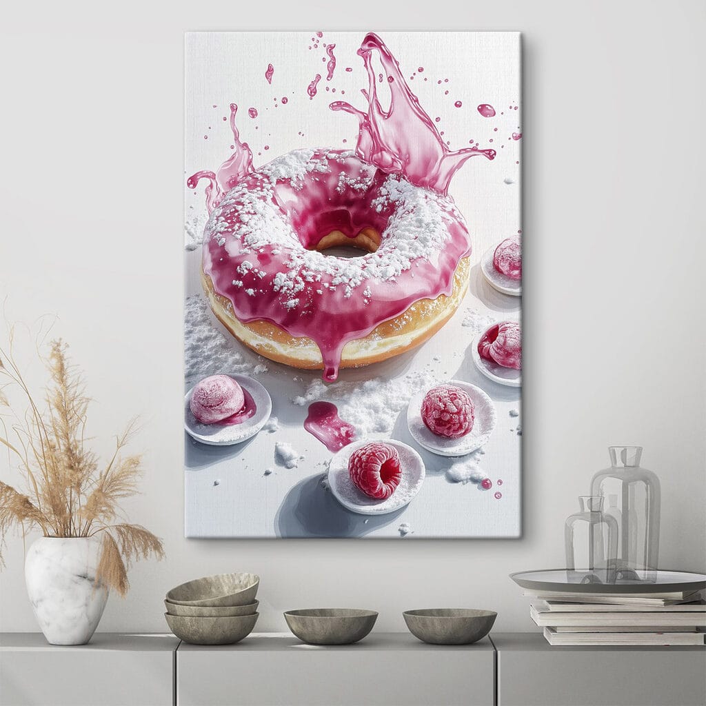 Donut with pink frosting and powdered sugar Donut with pink frosting and powdered sugar