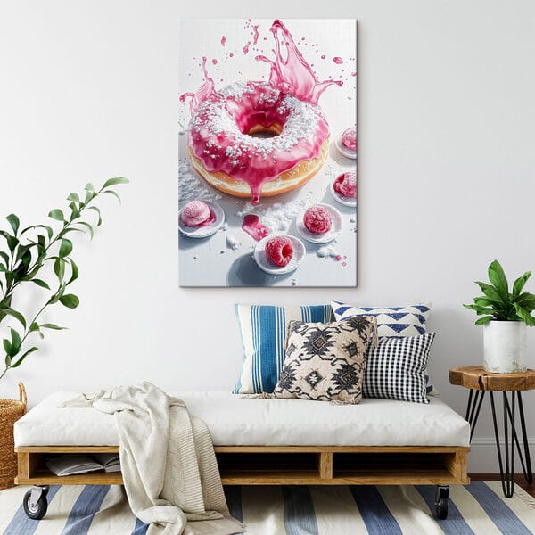 Donut mit rosa Zuckerguss und Puderzucker Donut mit rosa Zuckerguss und Puderzucker