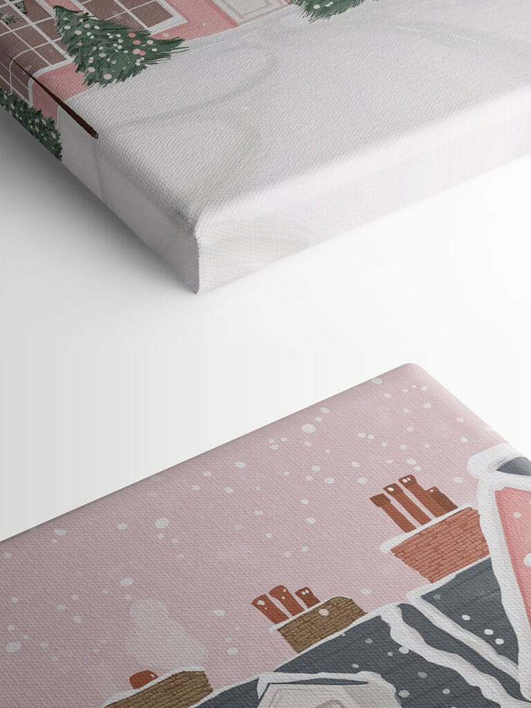 Pink house with trees and snow