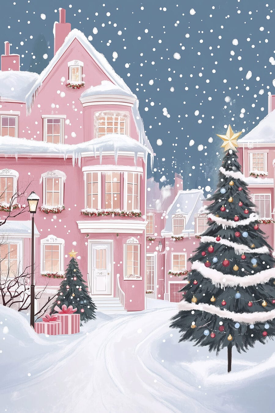 Weihnachtsbaum vor einem rosa Haus