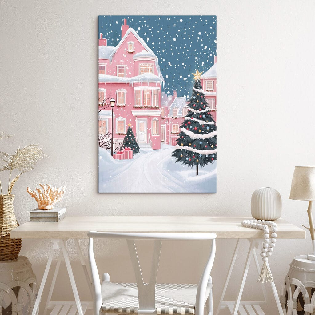 Christmas tree in front of a pink house