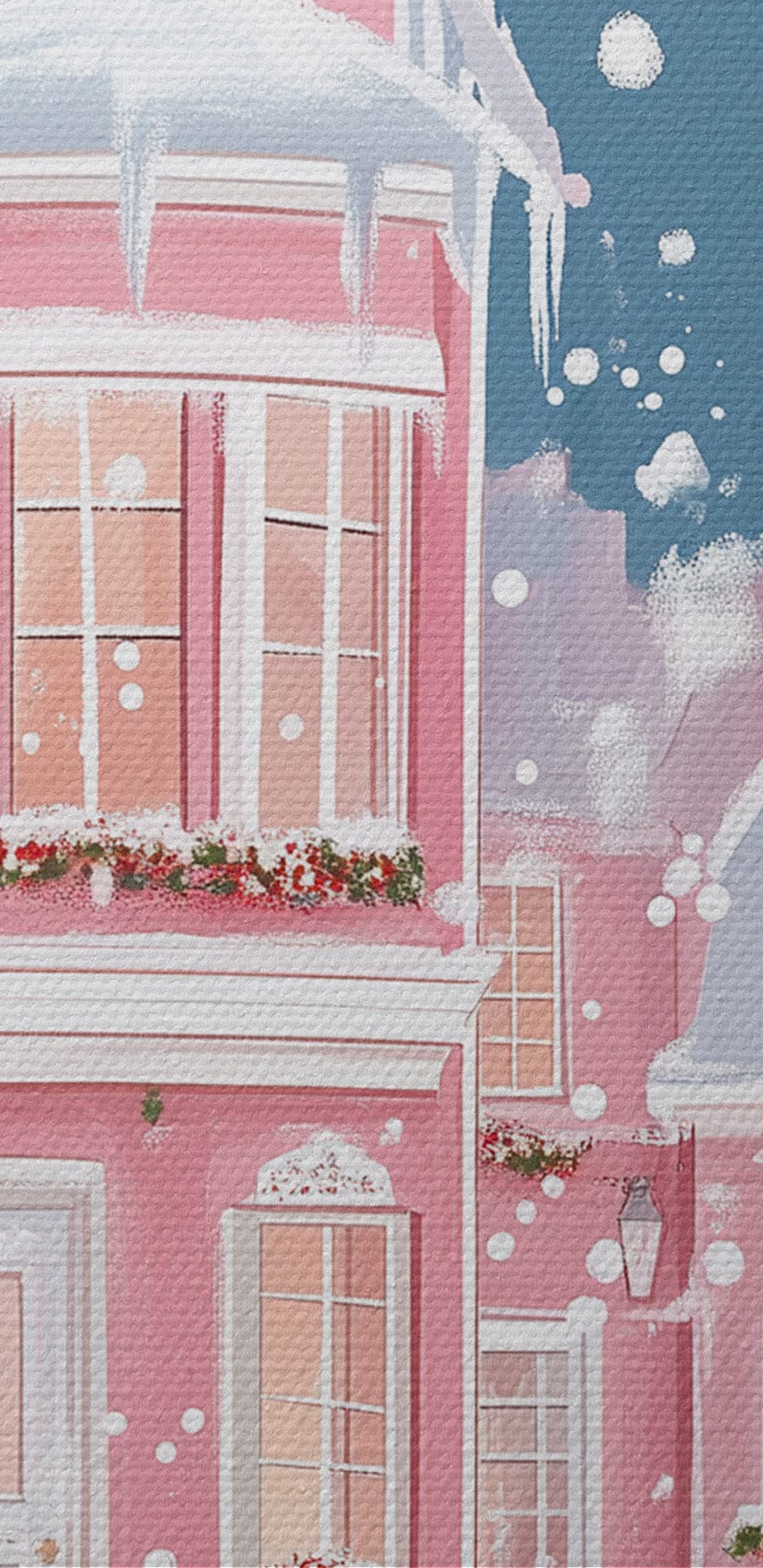 Weihnachtsbaum vor einem rosa Haus