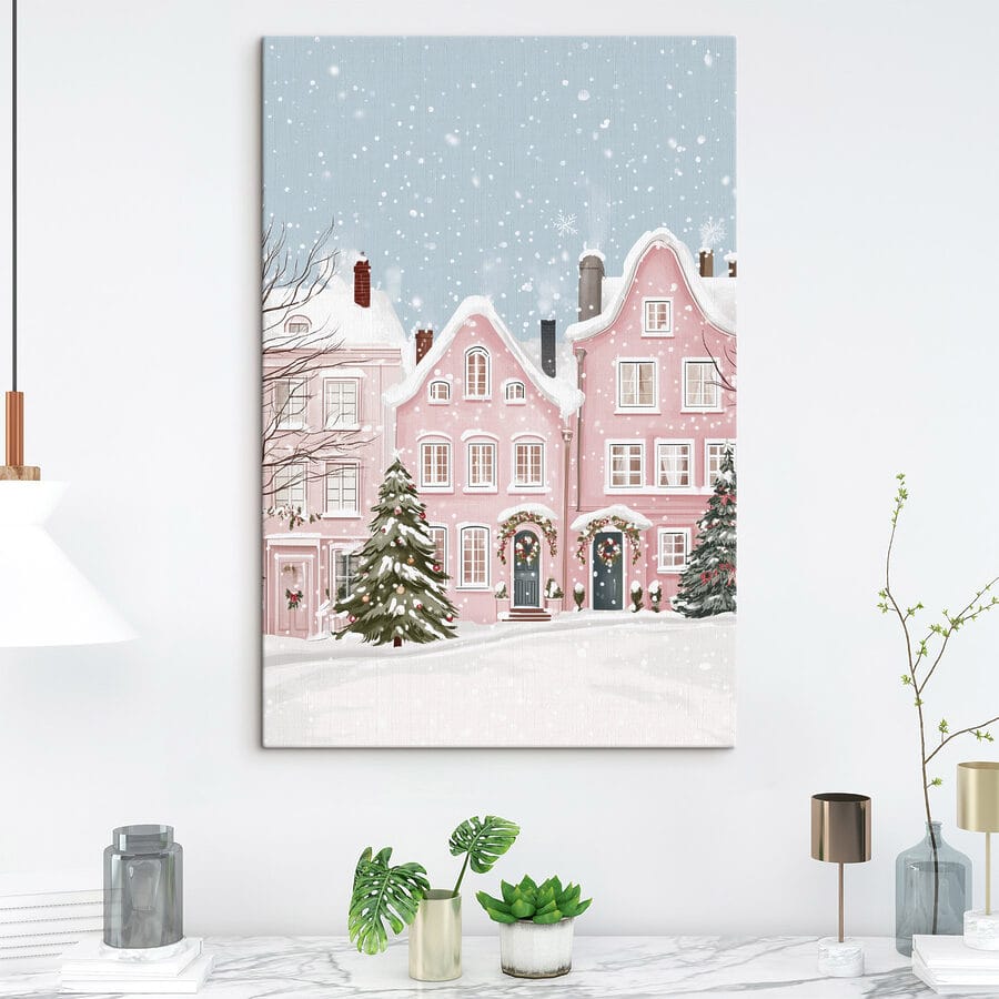 Rosa Haus mit Schnee darauf
