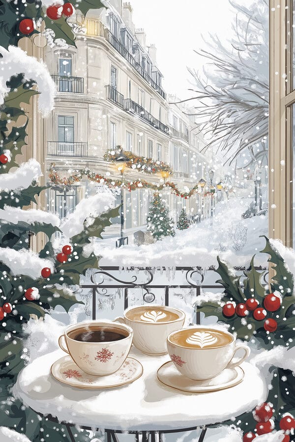 Ein paar Tassen Kaffee auf einem Balkon mit Schnee und Gebäuden Ein paar Tassen Kaffee auf einem Balkon mit Schnee und Gebäuden