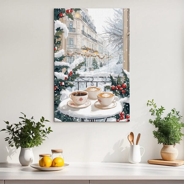 Ein paar Tassen Kaffee auf einem Balkon mit Schnee und Gebäuden Ein paar Tassen Kaffee auf einem Balkon mit Schnee und Gebäuden