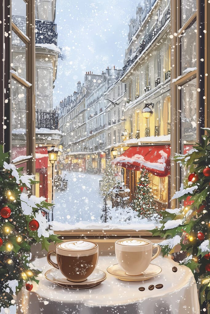 Window with two cups of coffee and trees in front of a street