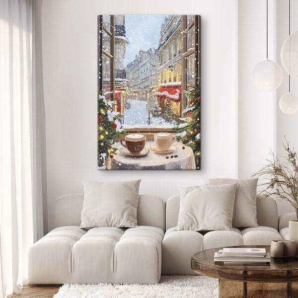 Fenster mit zwei Tassen Kaffee und Bäumen vor einer Straße Fenster mit zwei Tassen Kaffee und Bäumen vor einer Straße