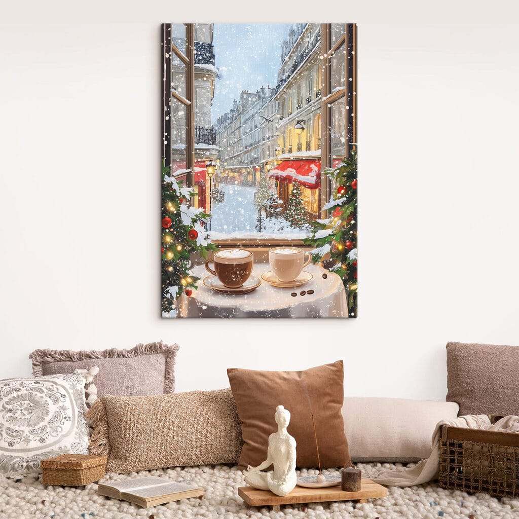 Window with two cups of coffee and trees in front of a street