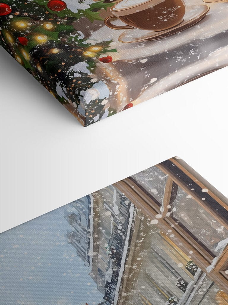 Window with two cups of coffee and trees in front of a street