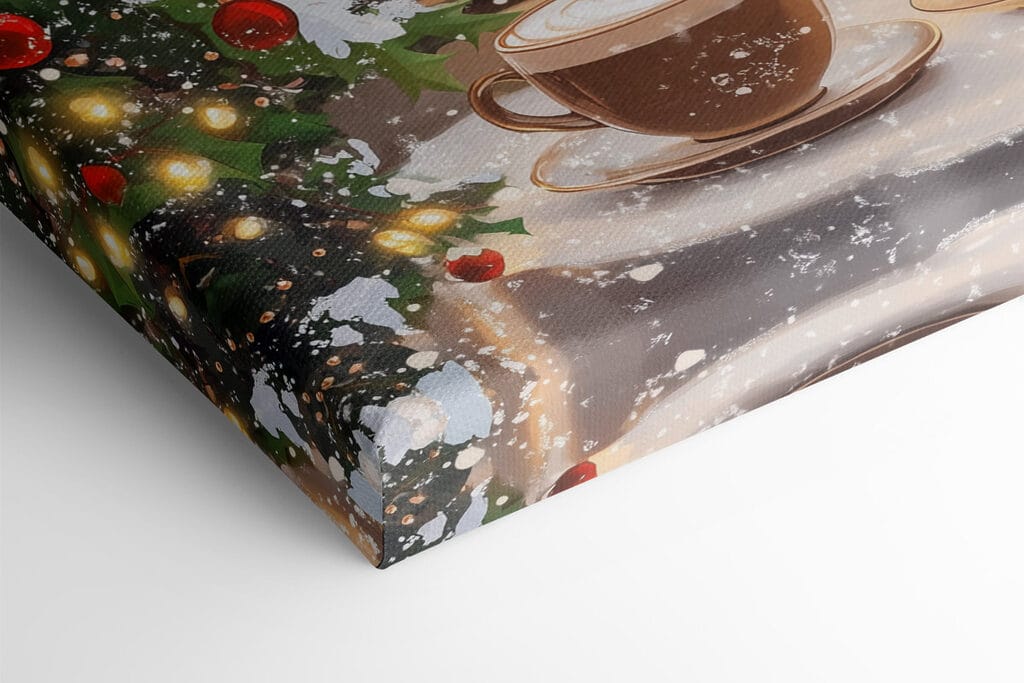 Window with two cups of coffee and trees in front of a street