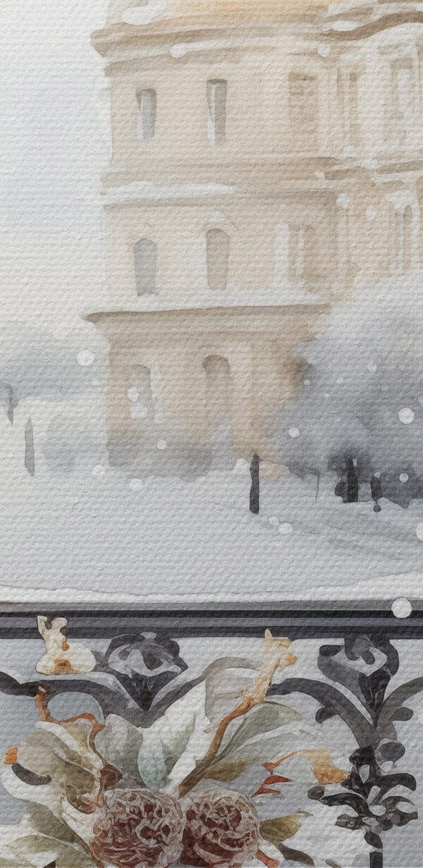 Tisch mit Tassen und einer Vase mit Blumen darauf mit einer Schneelandschaft Tisch mit Tassen und einer Vase mit Blumen darauf mit einer Schneelandschaft