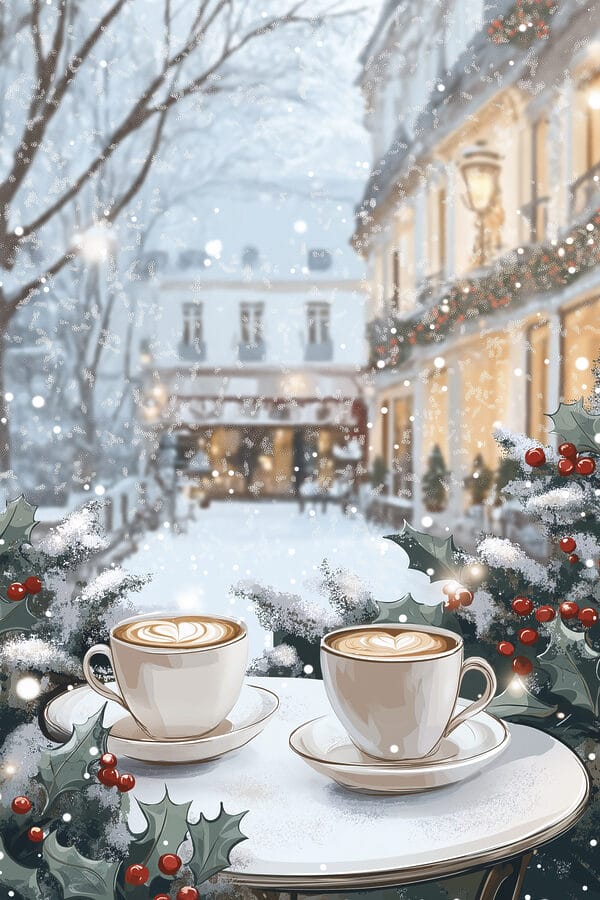 Zwei Tassen Kaffee auf einem Tisch vor einer verschneiten Straße Zwei Tassen Kaffee auf einem Tisch vor einer verschneiten Straße