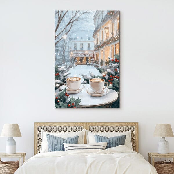 Zwei Tassen Kaffee auf einem Tisch vor einer verschneiten Straße Zwei Tassen Kaffee auf einem Tisch vor einer verschneiten Straße