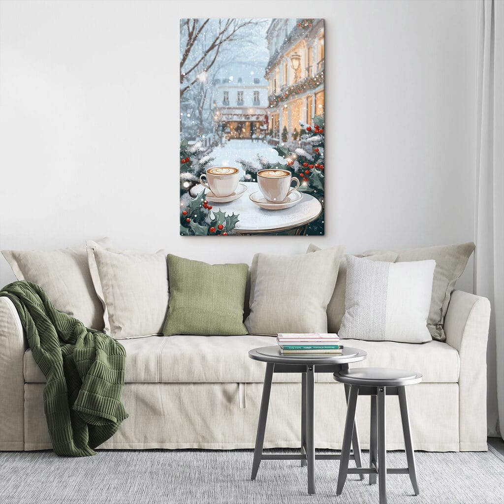 Two cups of coffee on a table in front of a snowy street