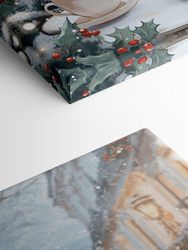 Two cups of coffee on a table in front of a snowy street