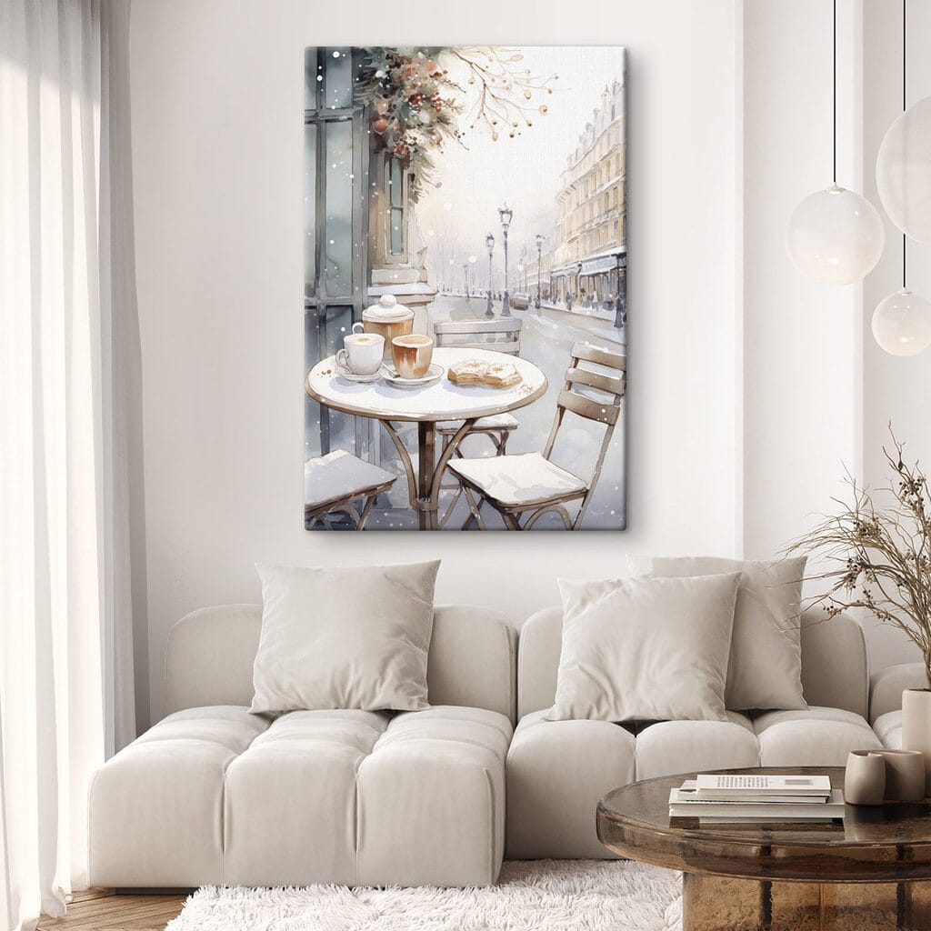 Table with coffee cups and croissants on it