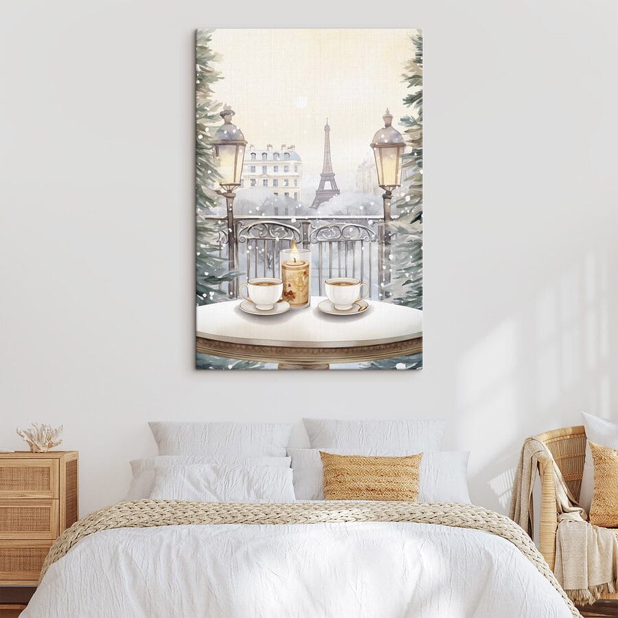Gemälde eines Teeservices auf einem Balkon mit einem hohen Turm im Hintergrund
