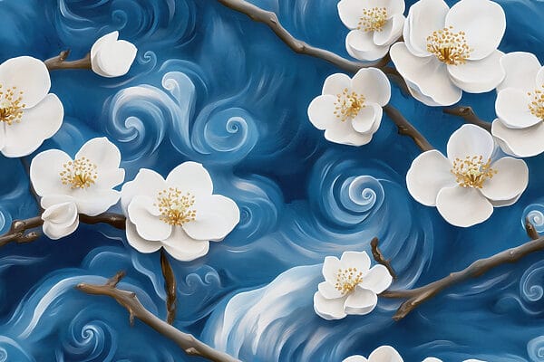 Zarte Blüten tanzen auf blauen Wellen Zarte Blüten tanzen auf blauen Wellen