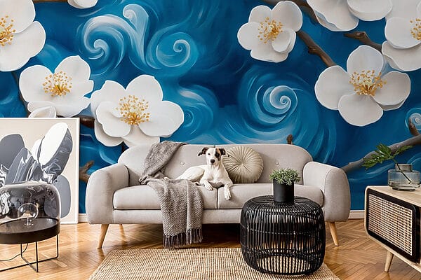 Zarte Blüten tanzen auf blauen Wellen Zarte Blüten tanzen auf blauen Wellen