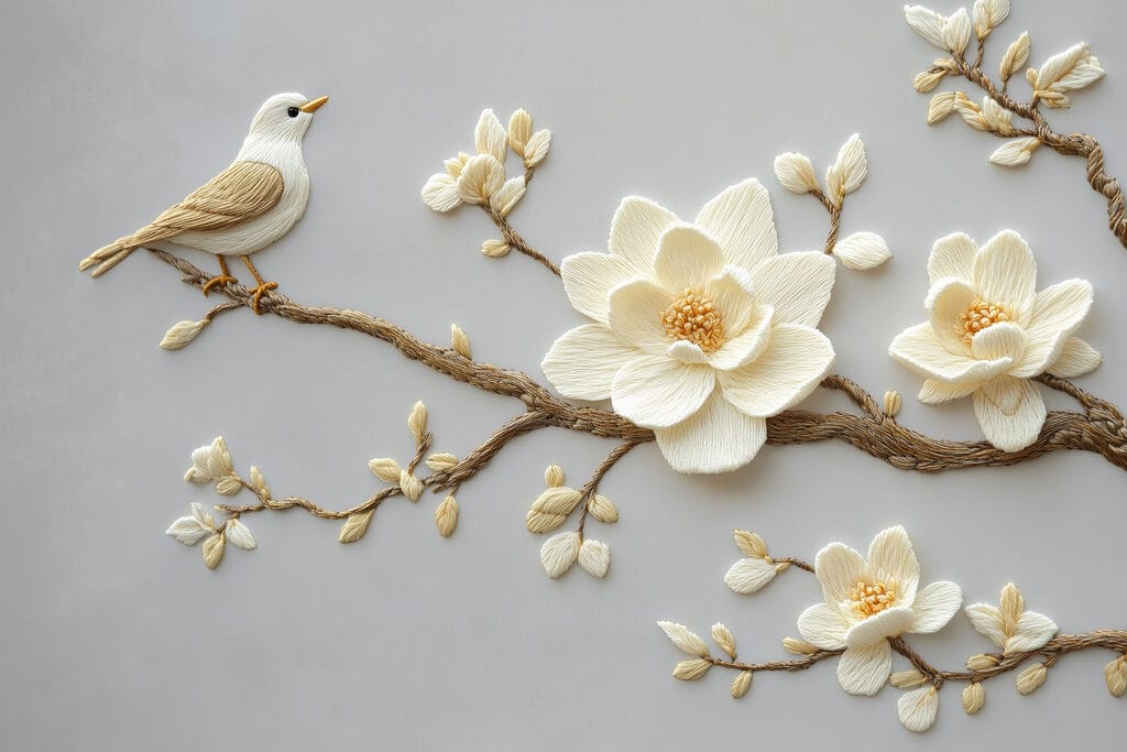 Vogel auf einem Zweig mit Blumen Vogel auf einem Zweig mit Blumen