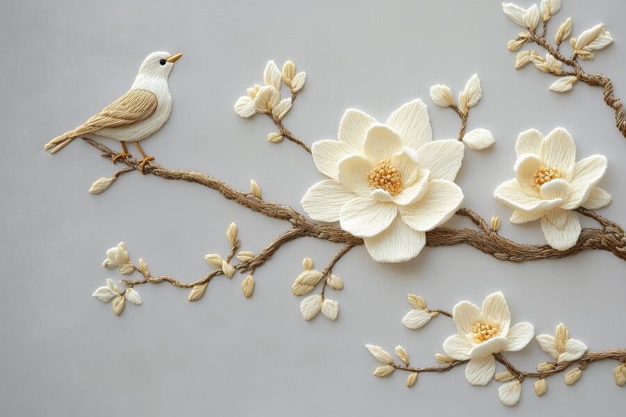 Vogel auf einem Zweig mit Blumen