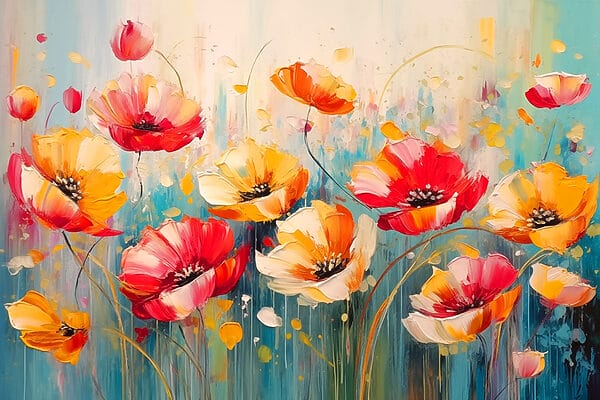 Gemälde mit Blumen auf blauem Hintergrund Gemälde mit Blumen auf blauem Hintergrund