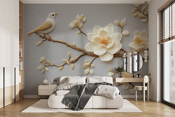 Vogel auf einem Zweig mit Blumen Vogel auf einem Zweig mit Blumen