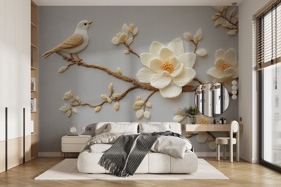 Vogel auf einem Zweig mit Blumen
