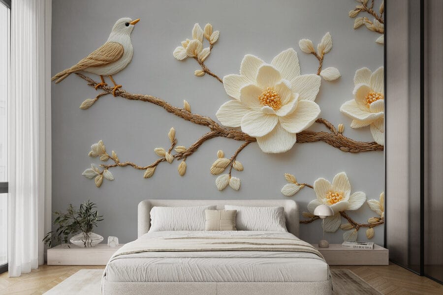 Vogel auf einem Zweig mit Blumen