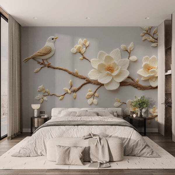 Vogel auf einem Zweig mit Blumen Vogel auf einem Zweig mit Blumen
